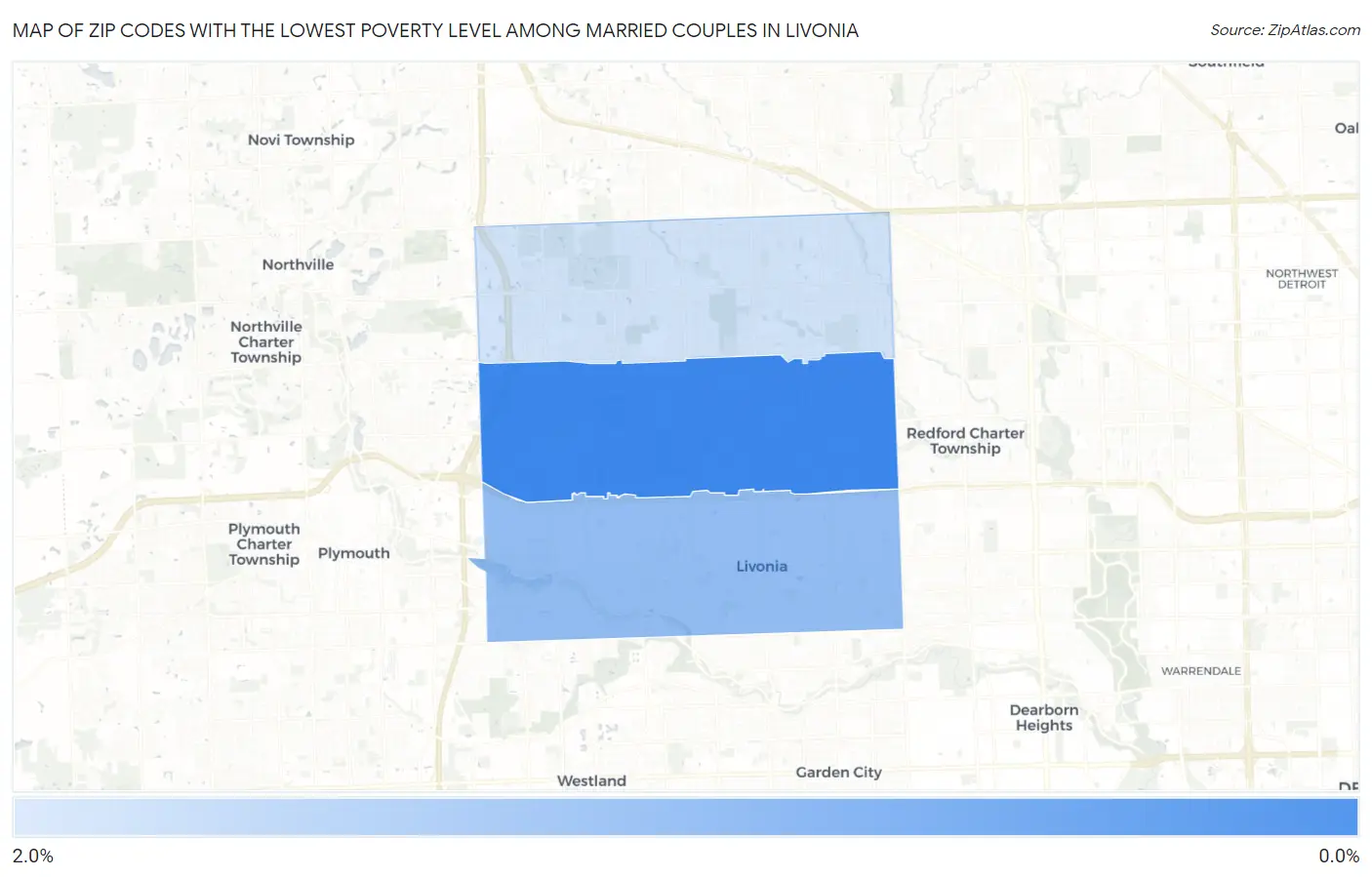 Zip Codes with the Lowest Poverty Level Among Married Couples in Livonia Map