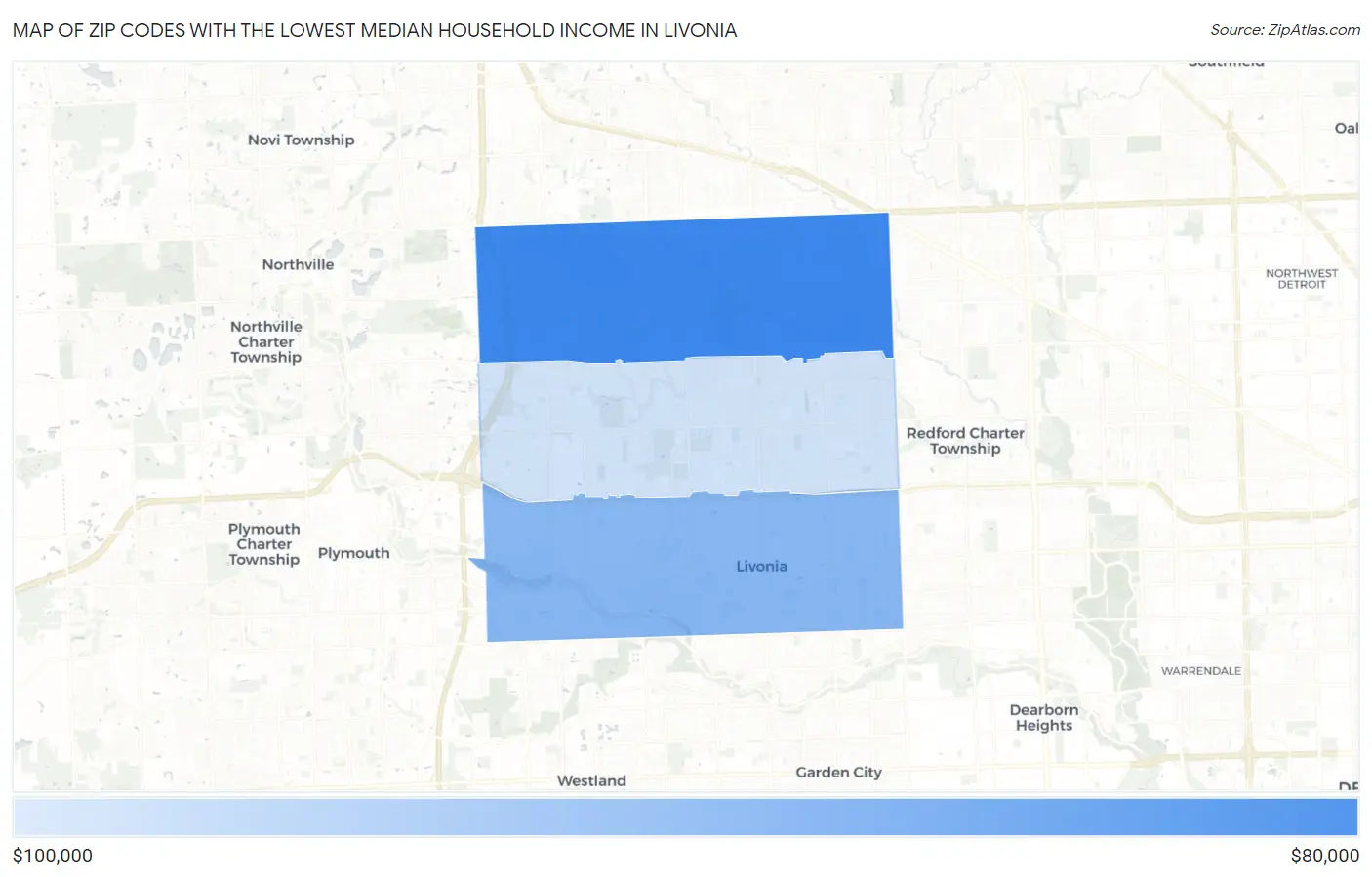 Zip Codes with the Lowest Median Household Income in Livonia Map