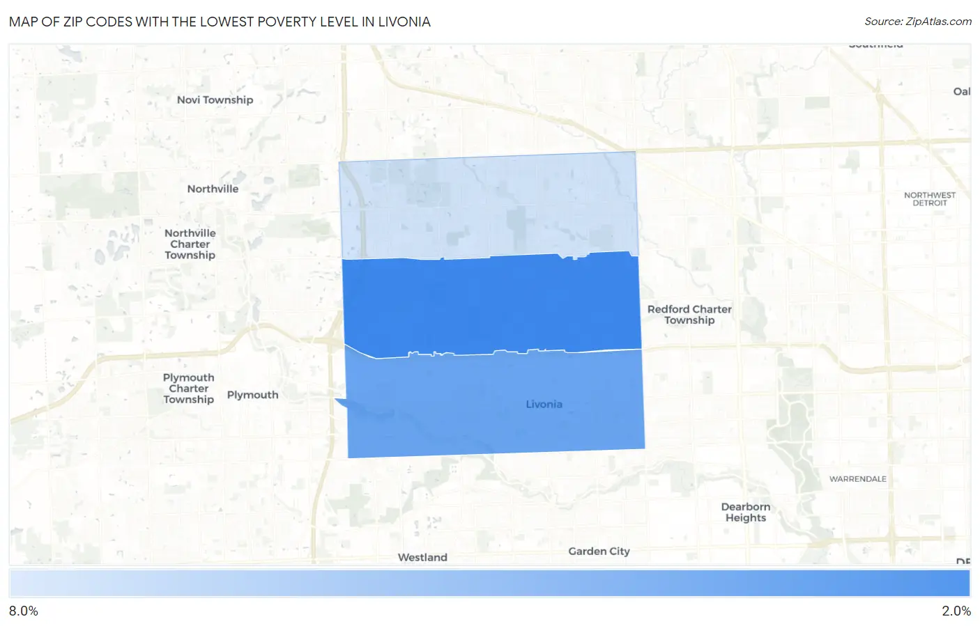 Zip Codes with the Lowest Poverty Level in Livonia Map