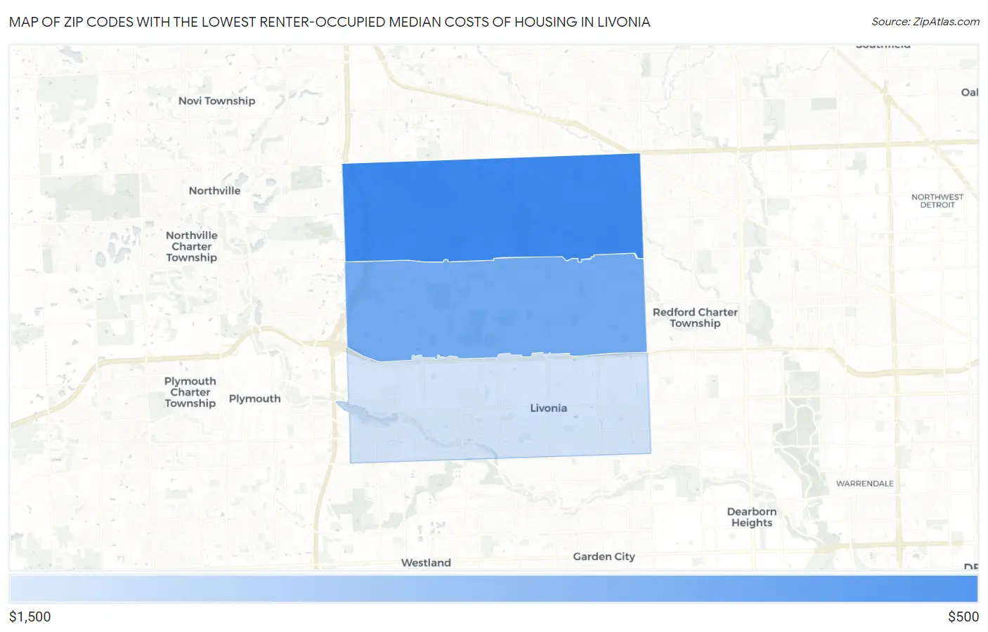 Zip Codes with the Lowest Renter-Occupied Median Costs of Housing in Livonia Map