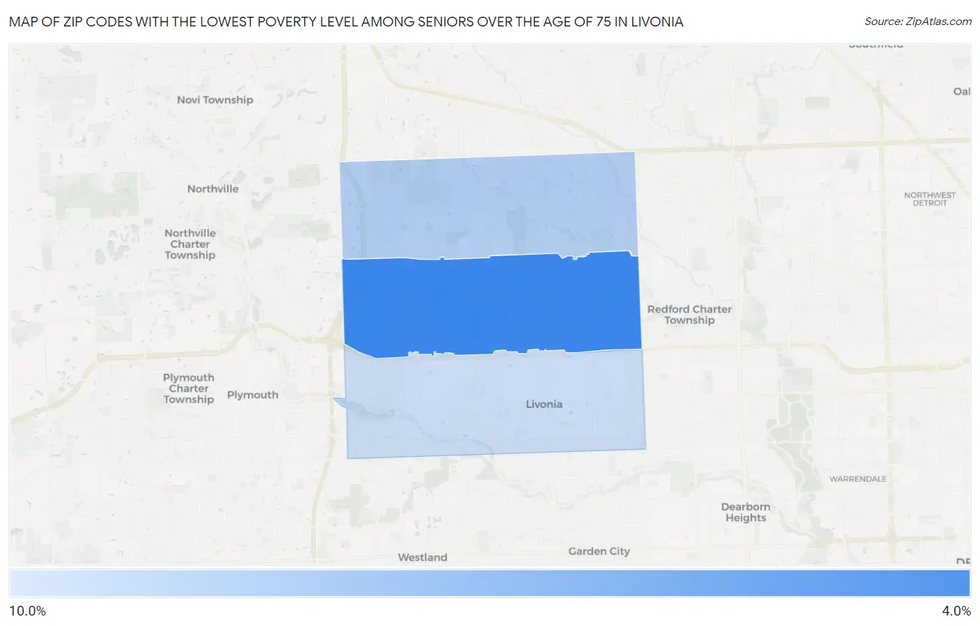 Zip Codes with the Lowest Poverty Level Among Seniors Over the Age of 75 in Livonia Map