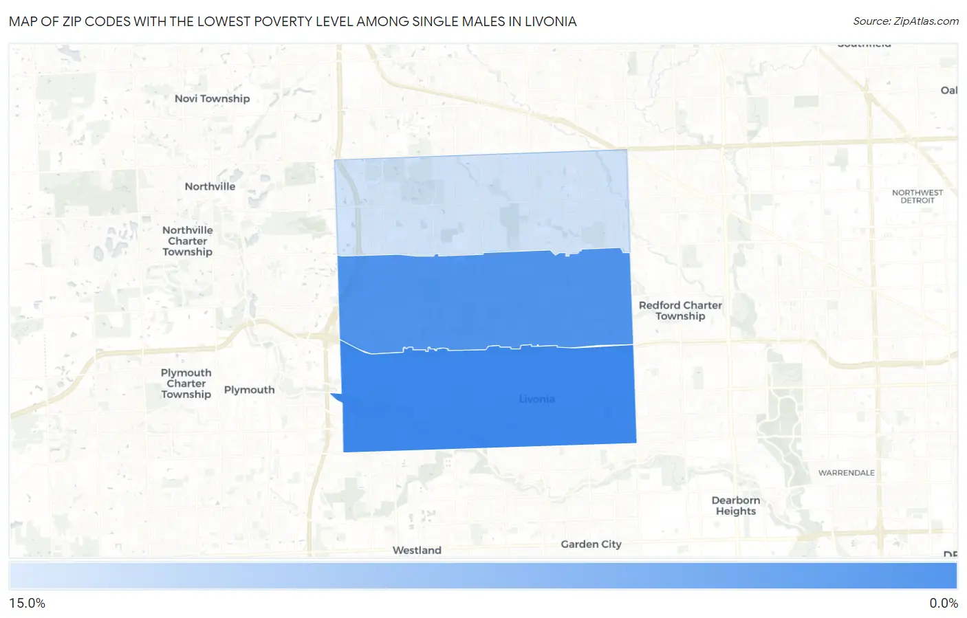Zip Codes with the Lowest Poverty Level Among Single Males in Livonia Map