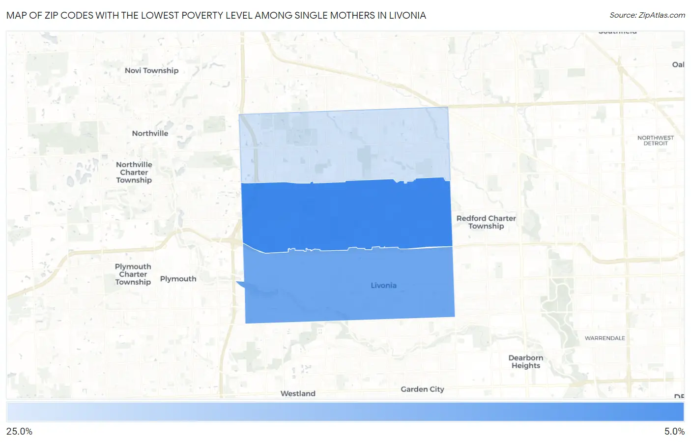 Zip Codes with the Lowest Poverty Level Among Single Mothers in Livonia Map