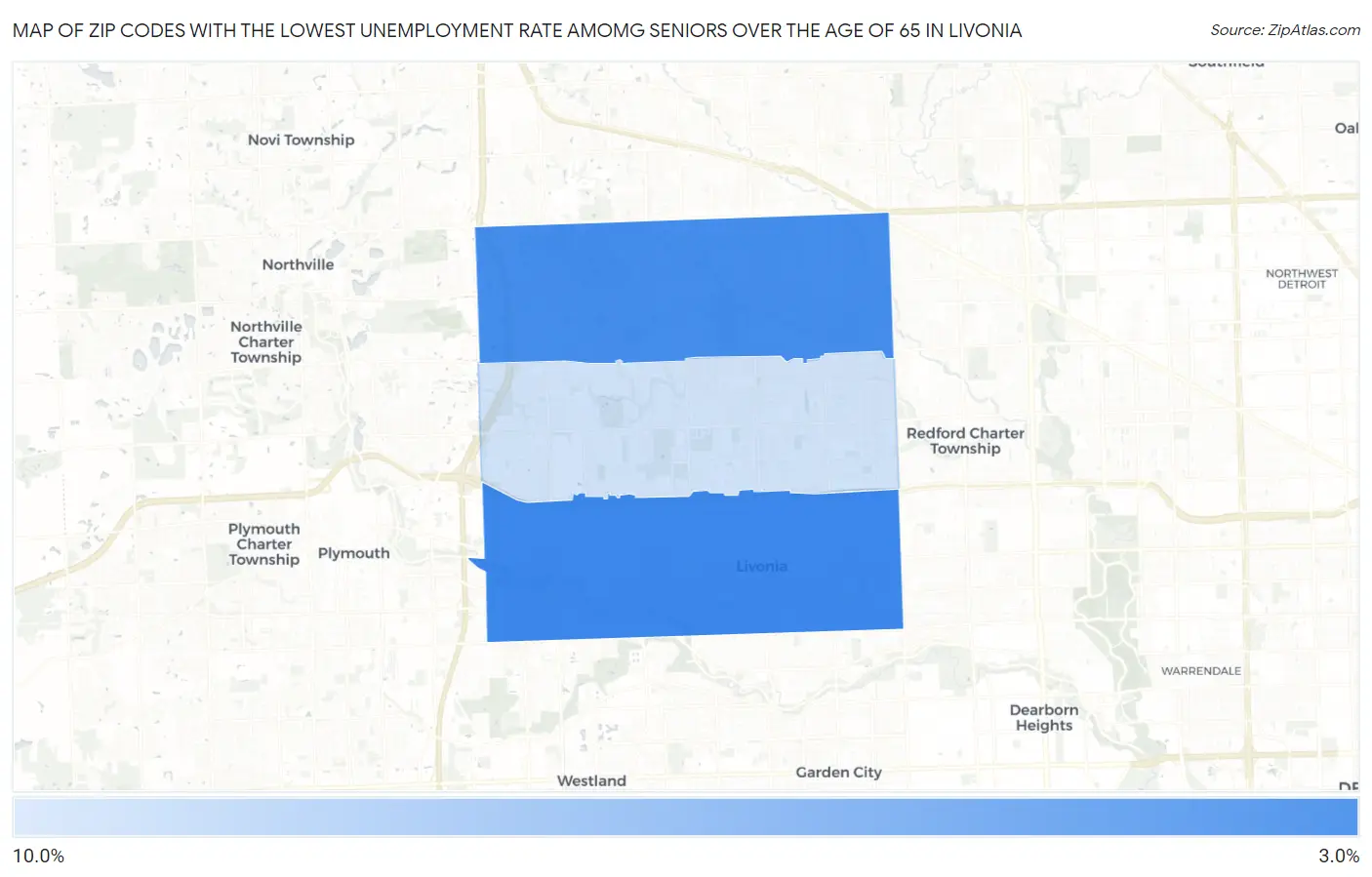 Zip Codes with the Lowest Unemployment Rate Amomg Seniors Over the Age of 65 in Livonia Map