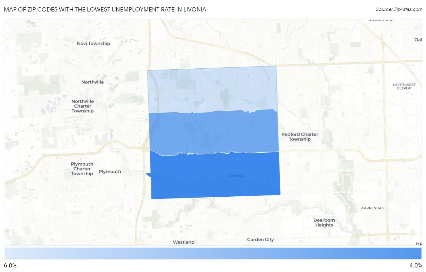 Zip Codes with the Lowest Unemployment Rate in Livonia Map