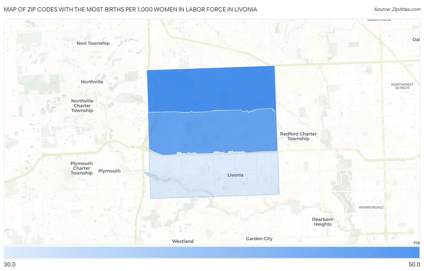 Zip Codes with the Most Births per 1,000 Women in Labor Force in Livonia Map