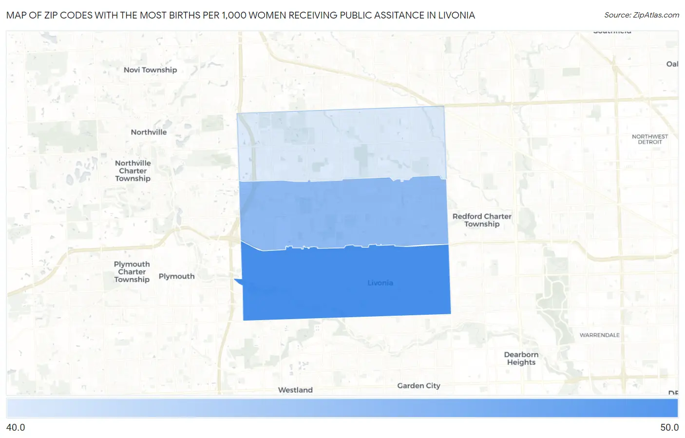 Zip Codes with the Most Births per 1,000 Women Receiving Public Assitance in Livonia Map