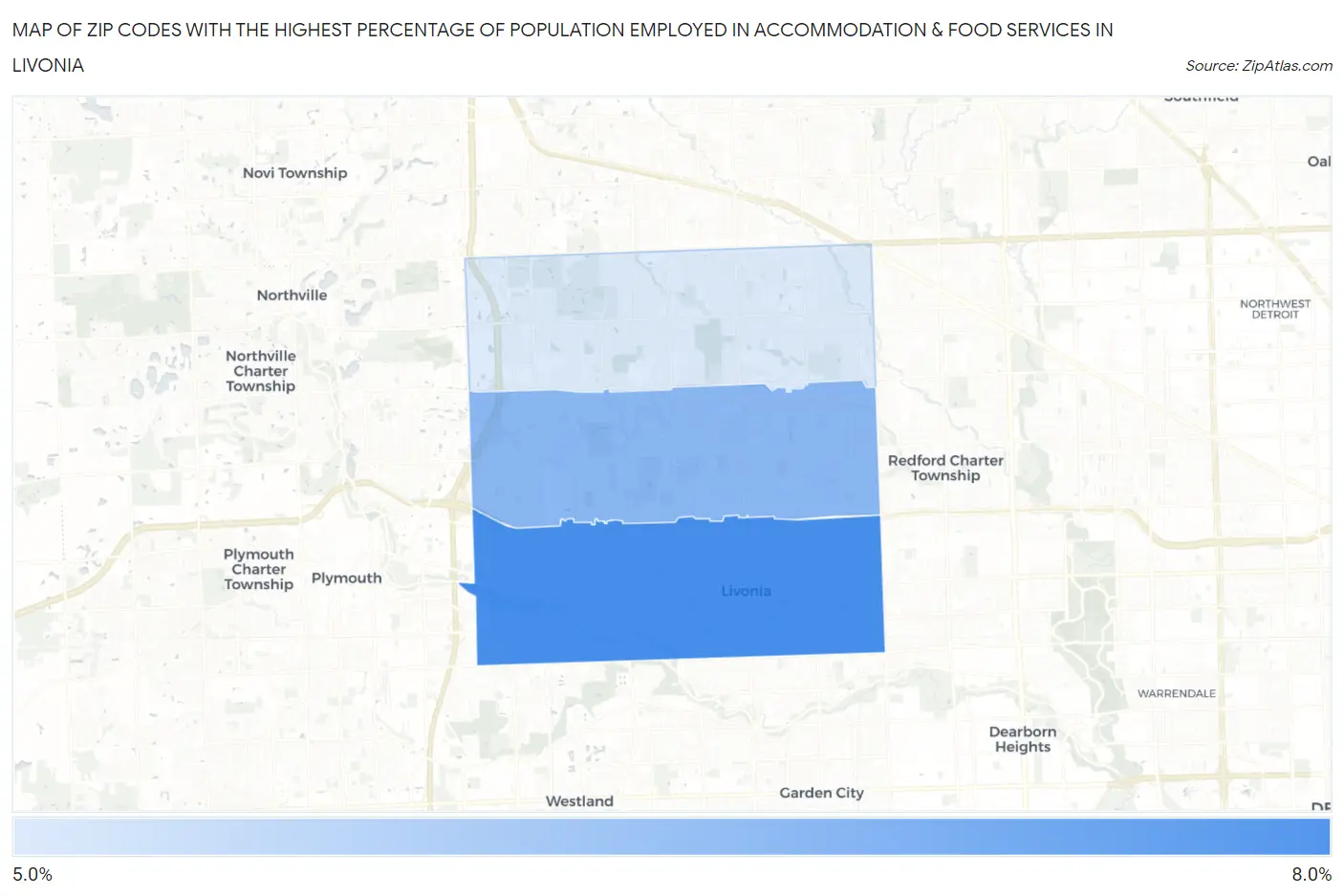 Zip Codes with the Highest Percentage of Population Employed in Accommodation & Food Services in Livonia Map