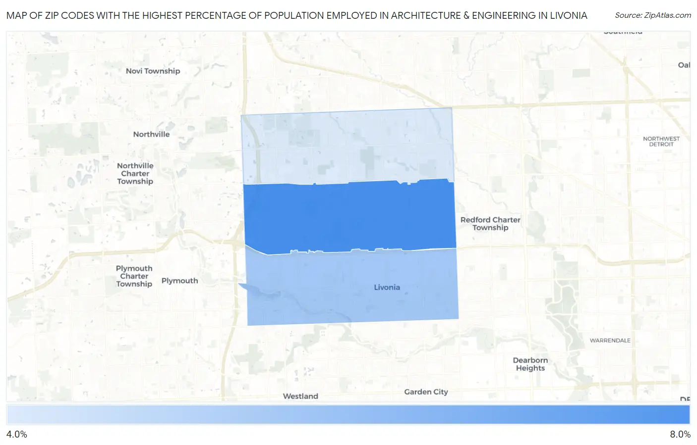 Zip Codes with the Highest Percentage of Population Employed in Architecture & Engineering in Livonia Map