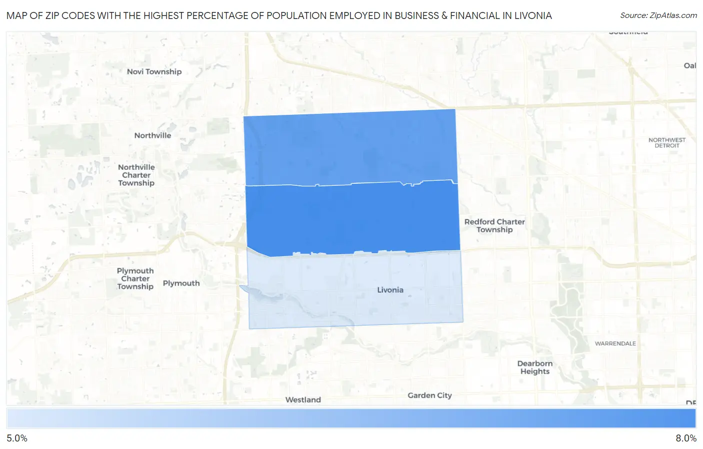 Zip Codes with the Highest Percentage of Population Employed in Business & Financial in Livonia Map