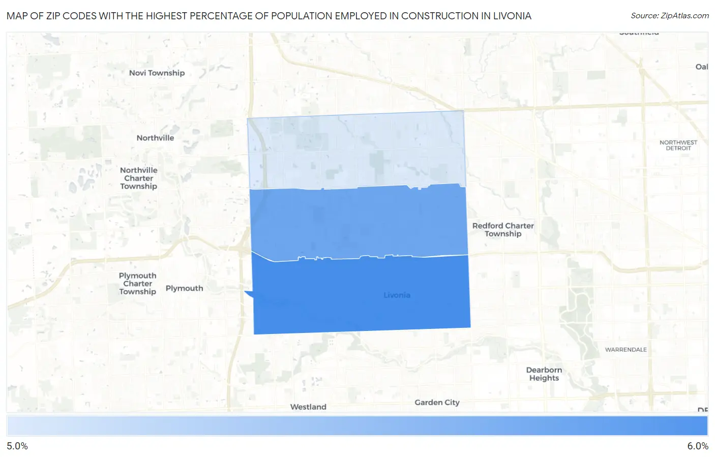 Zip Codes with the Highest Percentage of Population Employed in Construction in Livonia Map
