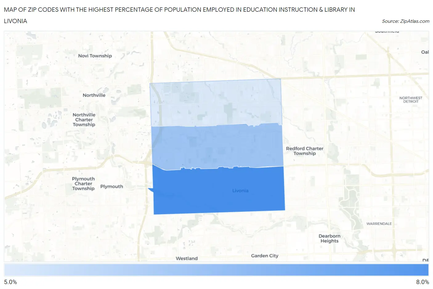 Zip Codes with the Highest Percentage of Population Employed in Education Instruction & Library in Livonia Map