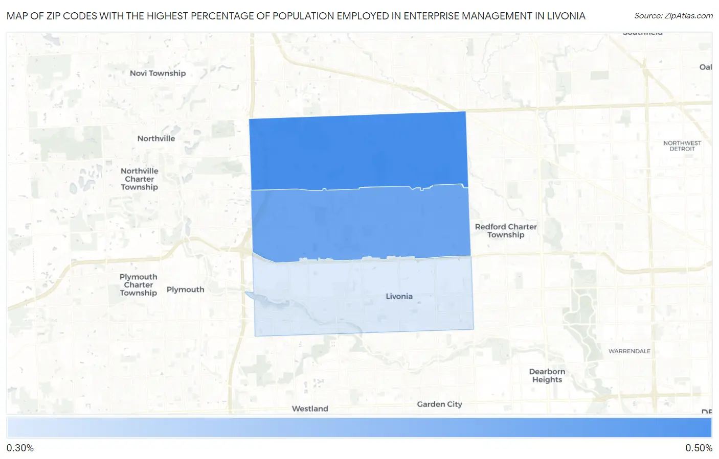 Zip Codes with the Highest Percentage of Population Employed in Enterprise Management in Livonia Map