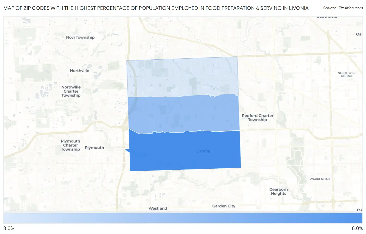 Zip Codes with the Highest Percentage of Population Employed in Food Preparation & Serving in Livonia Map