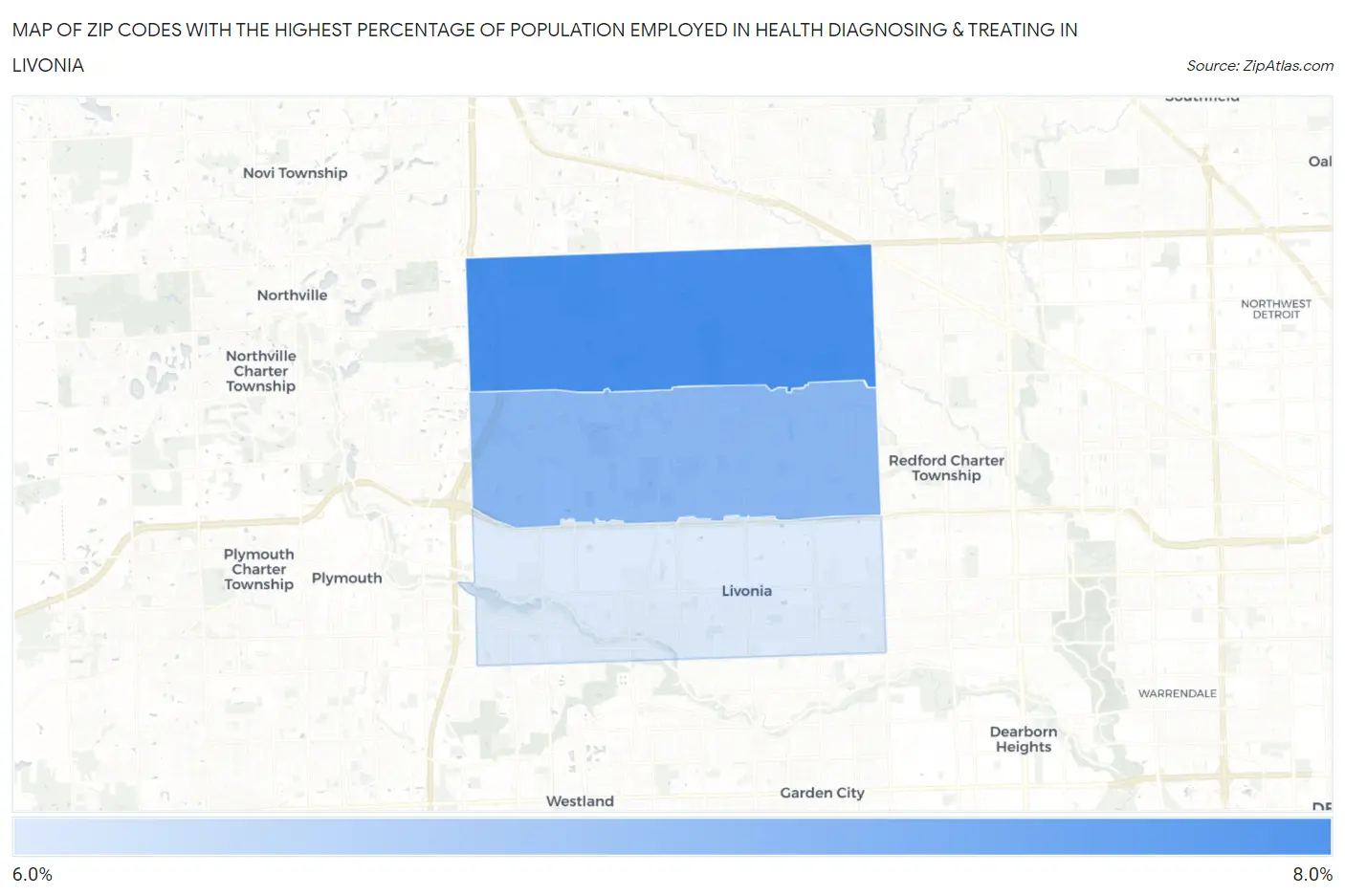 Zip Codes with the Highest Percentage of Population Employed in Health Diagnosing & Treating in Livonia Map