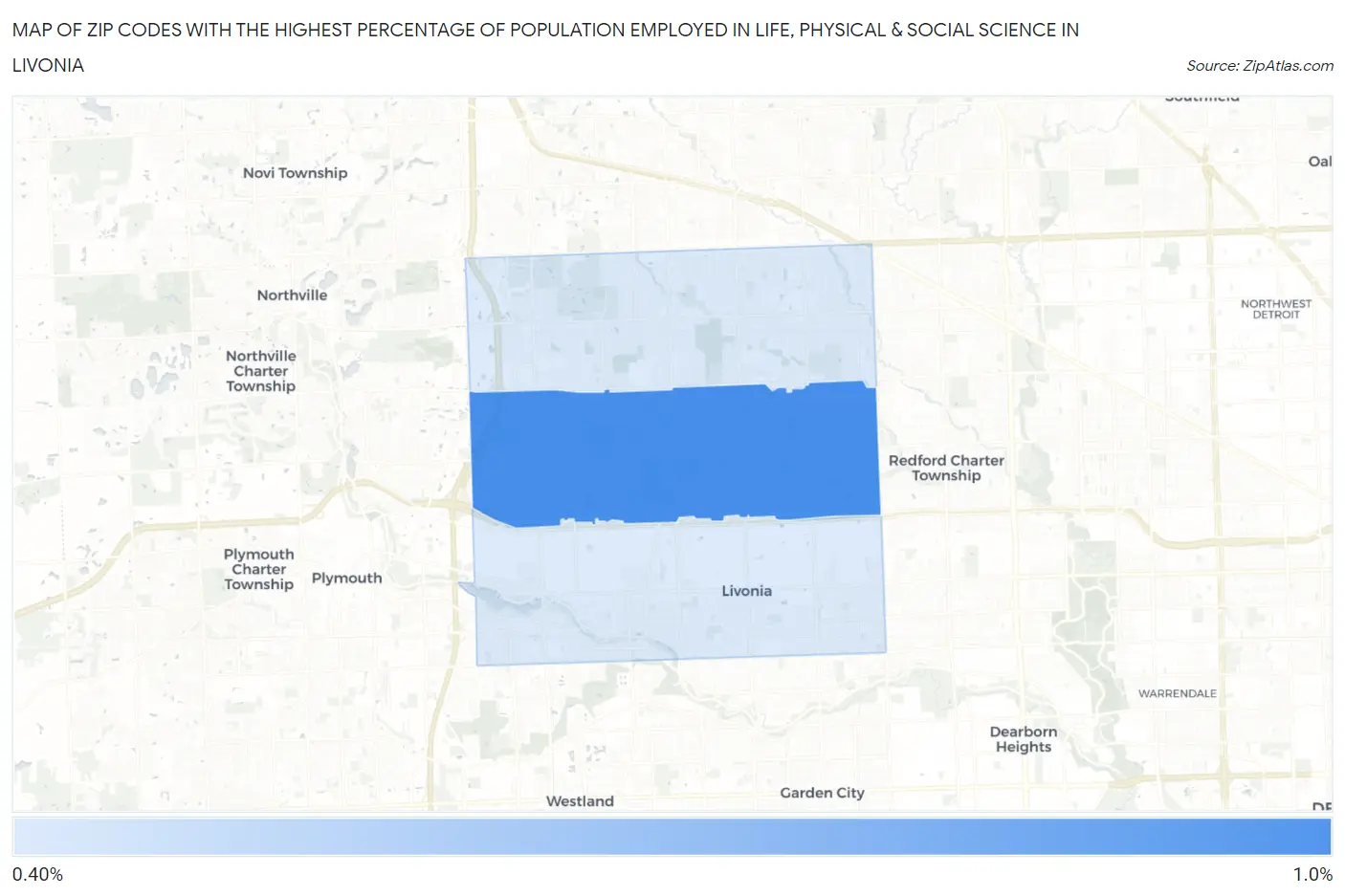 Zip Codes with the Highest Percentage of Population Employed in Life, Physical & Social Science in Livonia Map