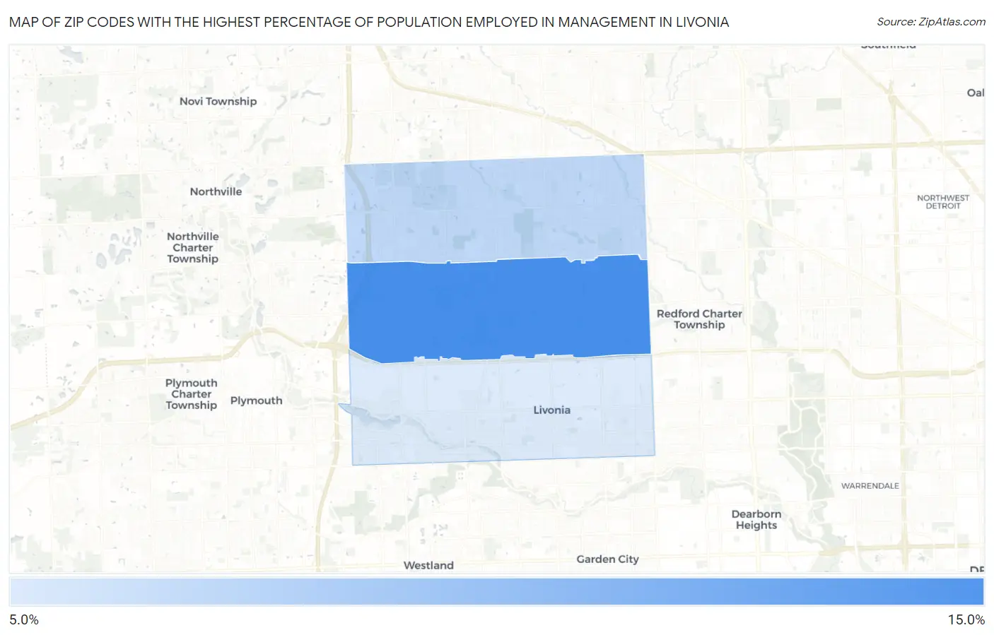 Zip Codes with the Highest Percentage of Population Employed in Management in Livonia Map