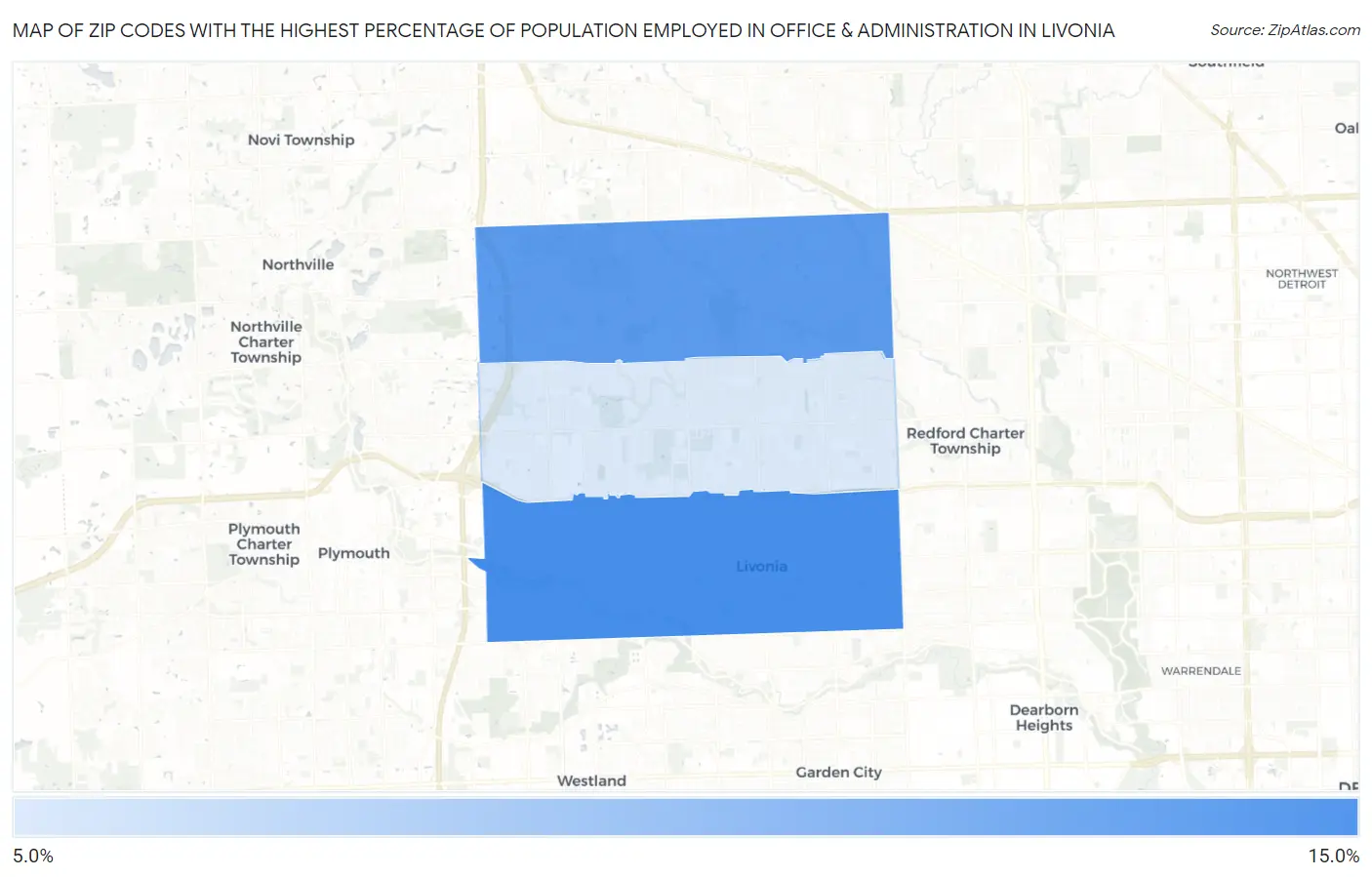 Zip Codes with the Highest Percentage of Population Employed in Office & Administration in Livonia Map