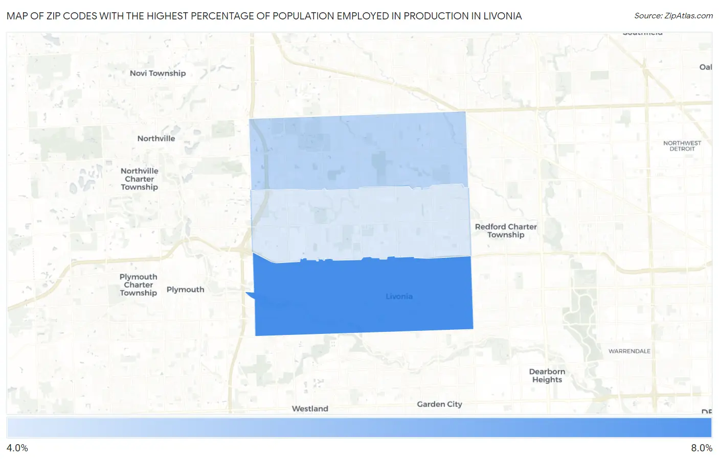 Zip Codes with the Highest Percentage of Population Employed in Production in Livonia Map