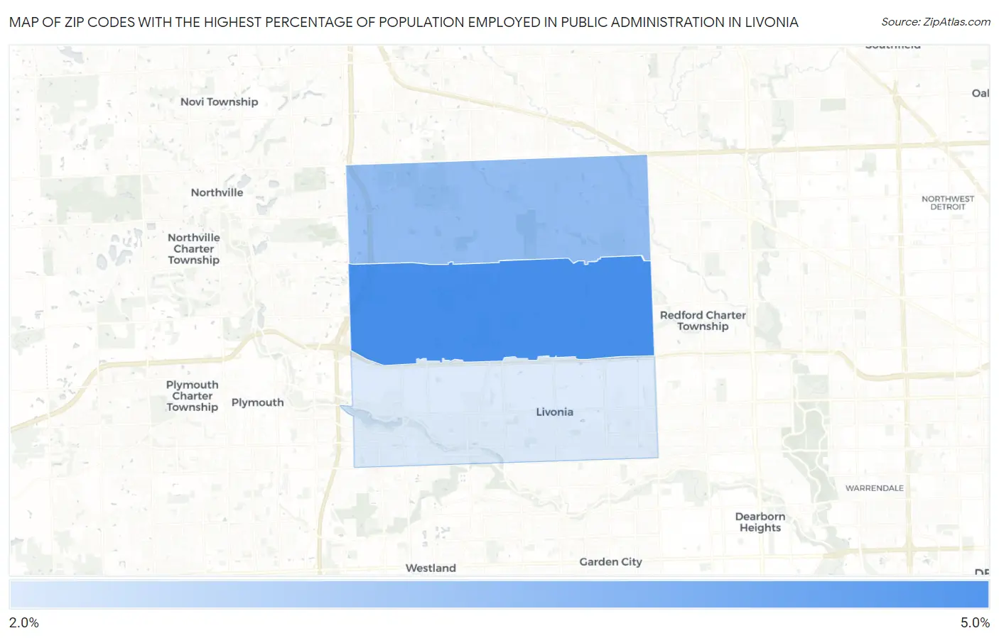 Zip Codes with the Highest Percentage of Population Employed in Public Administration in Livonia Map