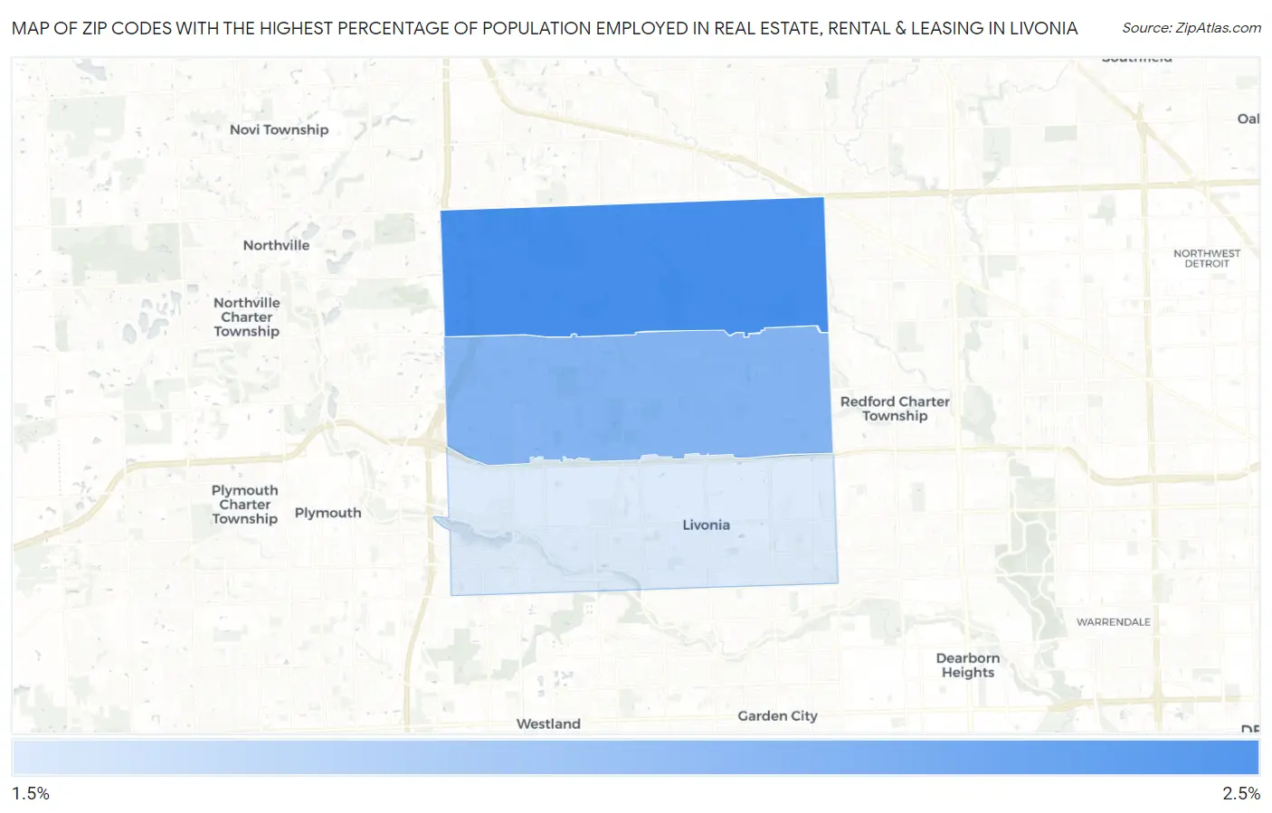 Zip Codes with the Highest Percentage of Population Employed in Real Estate, Rental & Leasing in Livonia Map