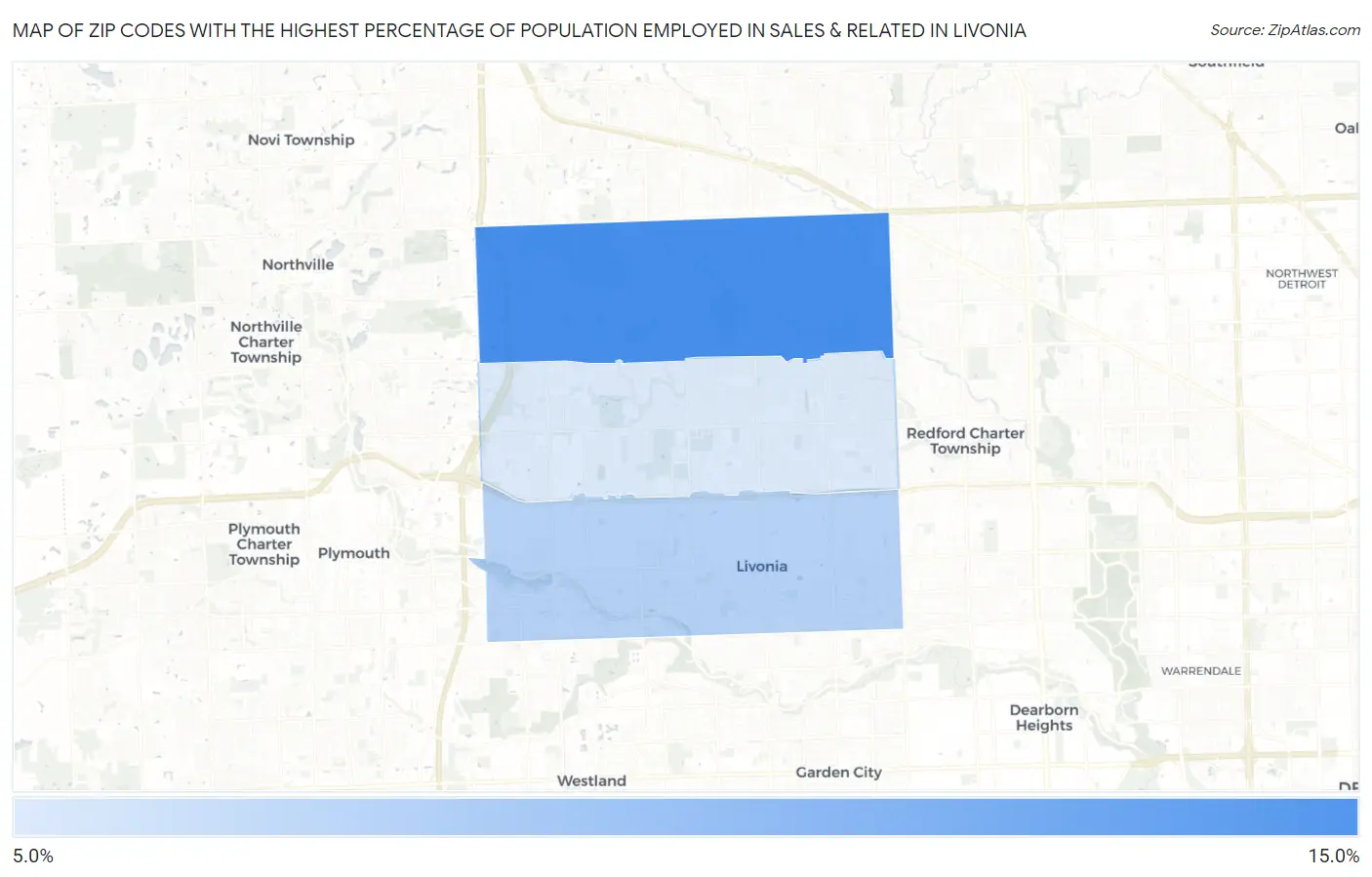 Zip Codes with the Highest Percentage of Population Employed in Sales & Related in Livonia Map
