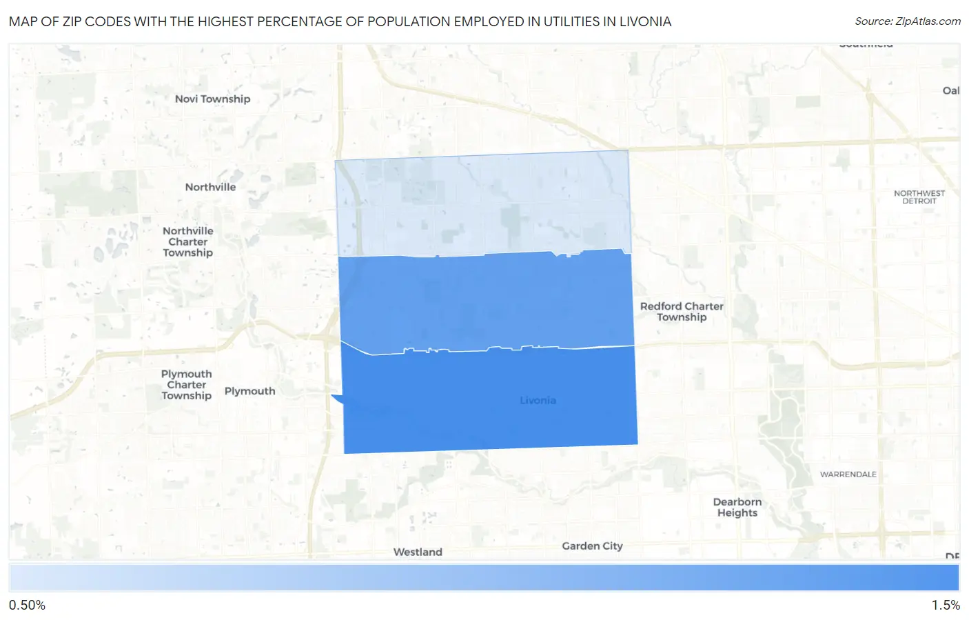 Zip Codes with the Highest Percentage of Population Employed in Utilities in Livonia Map