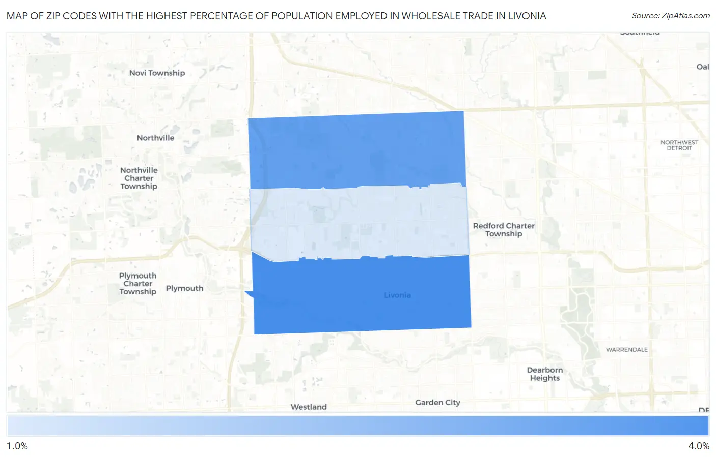 Zip Codes with the Highest Percentage of Population Employed in Wholesale Trade in Livonia Map