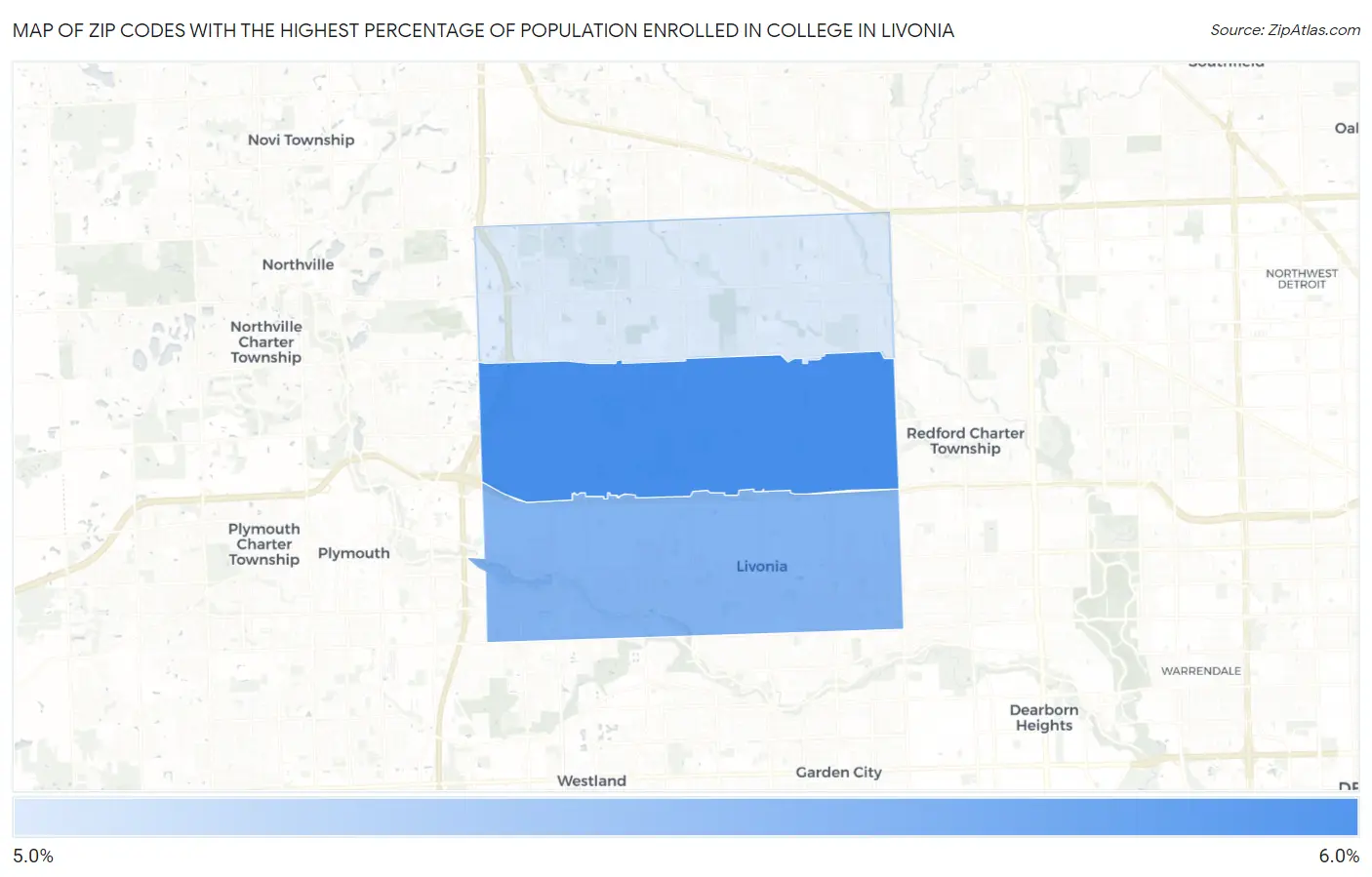 Zip Codes with the Highest Percentage of Population Enrolled in College in Livonia Map
