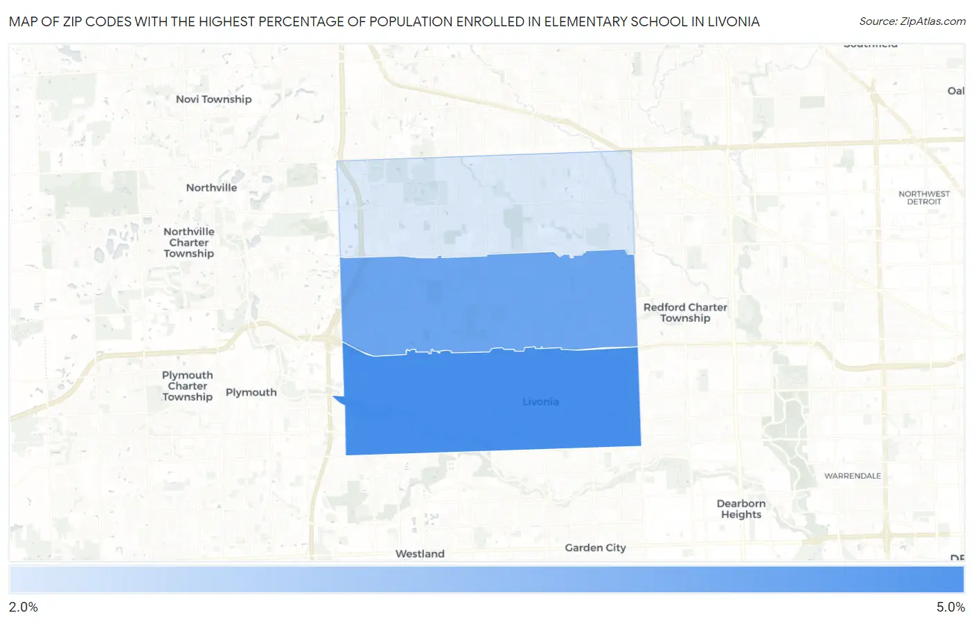 Zip Codes with the Highest Percentage of Population Enrolled in Elementary School in Livonia Map