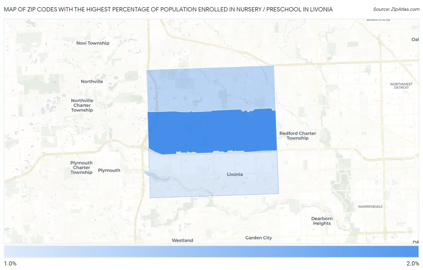 Zip Codes with the Highest Percentage of Population Enrolled in Nursery / Preschool in Livonia Map