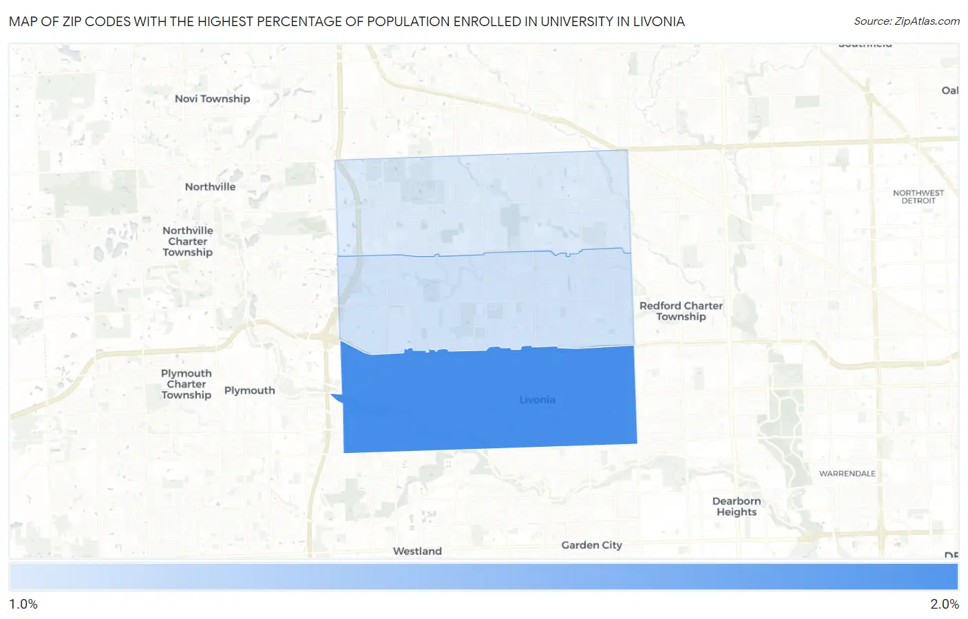 Zip Codes with the Highest Percentage of Population Enrolled in University in Livonia Map