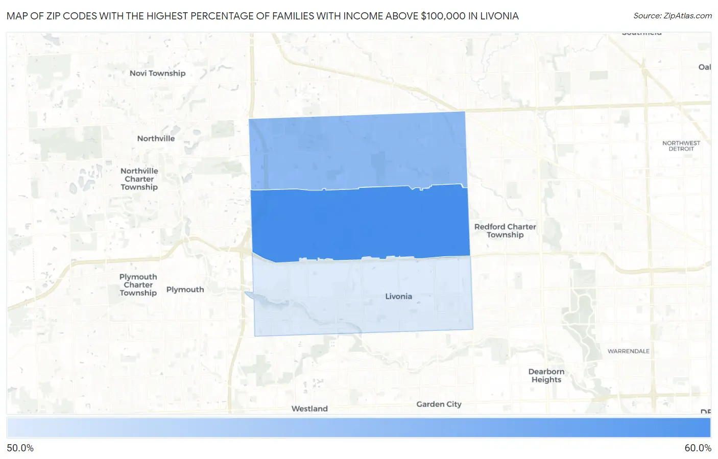 Zip Codes with the Highest Percentage of Families with Income Above $100,000 in Livonia Map