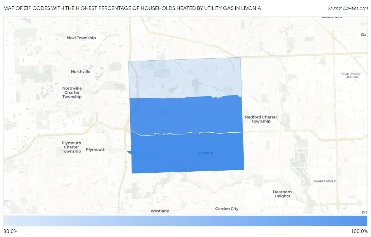 Zip Codes with the Highest Percentage of Households Heated by Utility Gas in Livonia Map