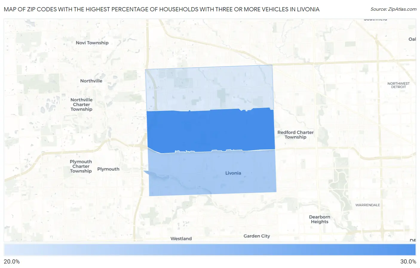Zip Codes with the Highest Percentage of Households With Three or more Vehicles in Livonia Map