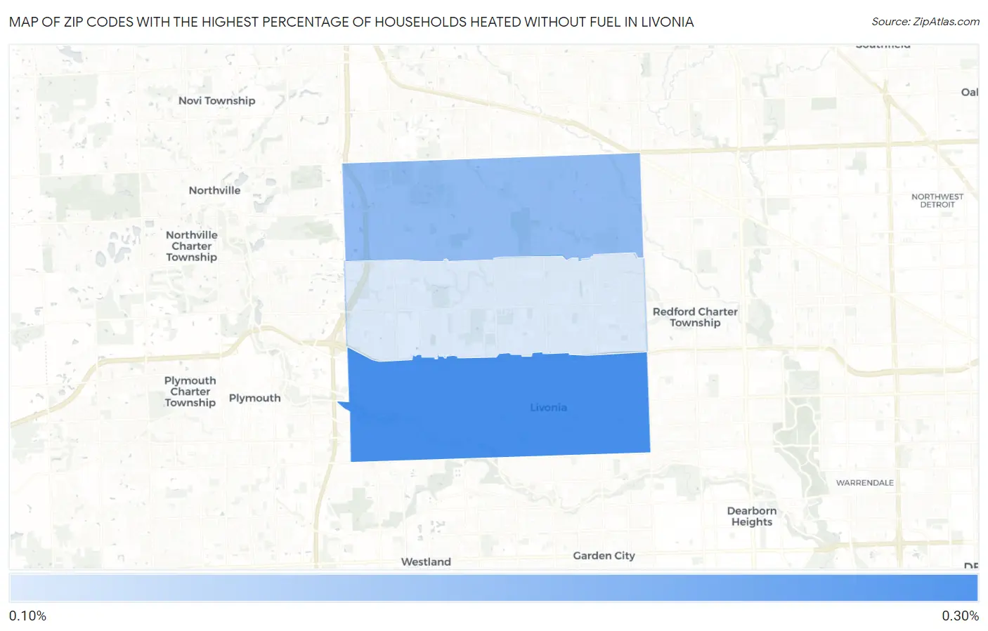 Zip Codes with the Highest Percentage of Households Heated without Fuel in Livonia Map
