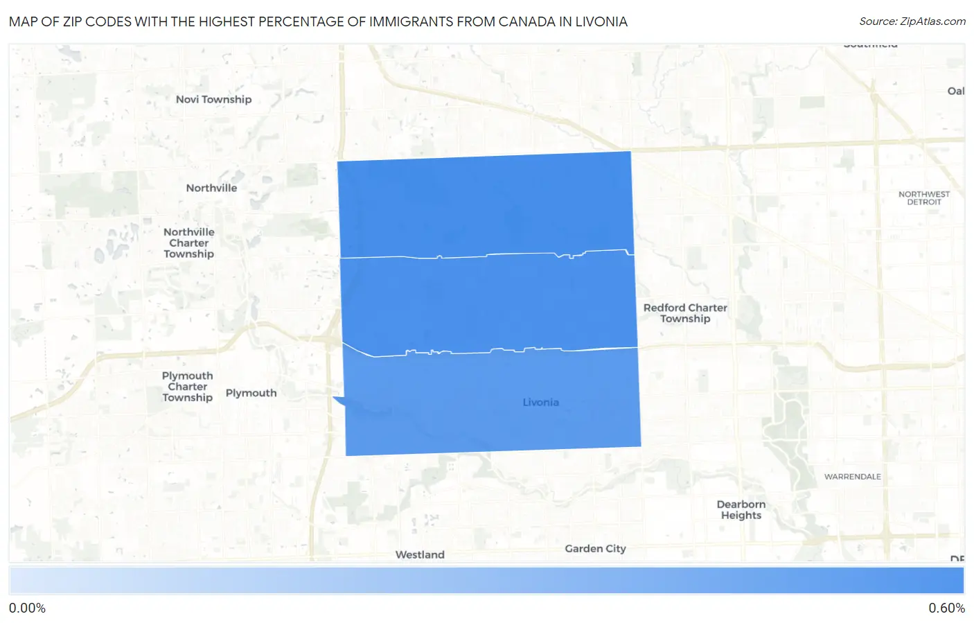 Zip Codes with the Highest Percentage of Immigrants from Canada in Livonia Map