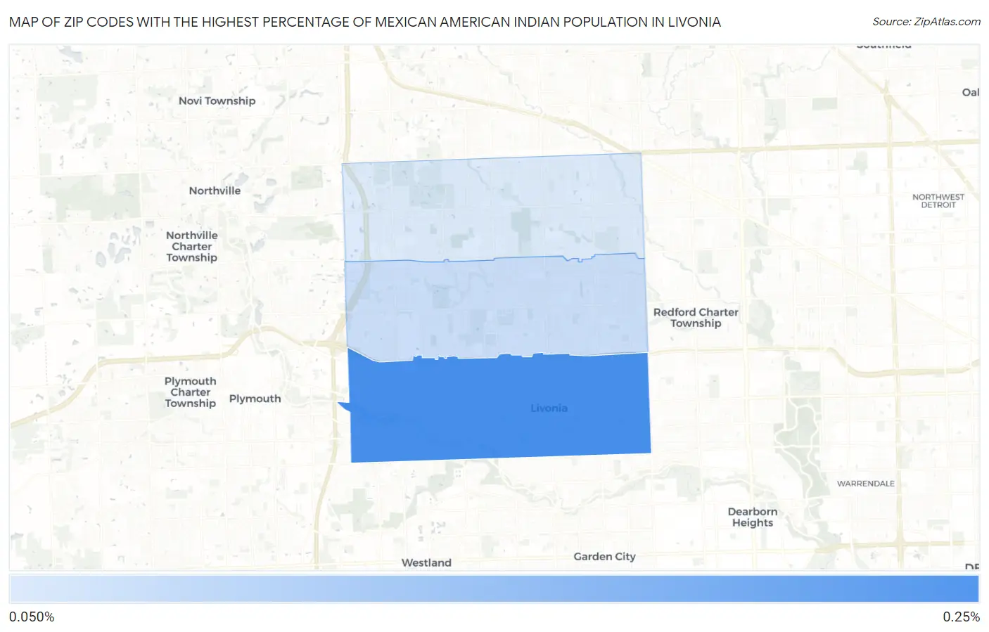 Zip Codes with the Highest Percentage of Mexican American Indian Population in Livonia Map