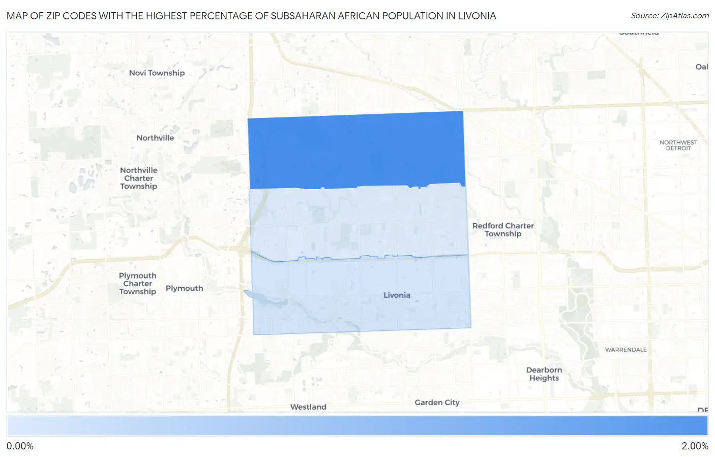 Zip Codes with the Highest Percentage of Subsaharan African Population in Livonia Map