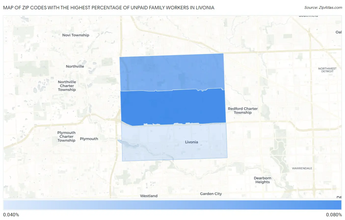 Zip Codes with the Highest Percentage of Unpaid Family Workers in Livonia Map