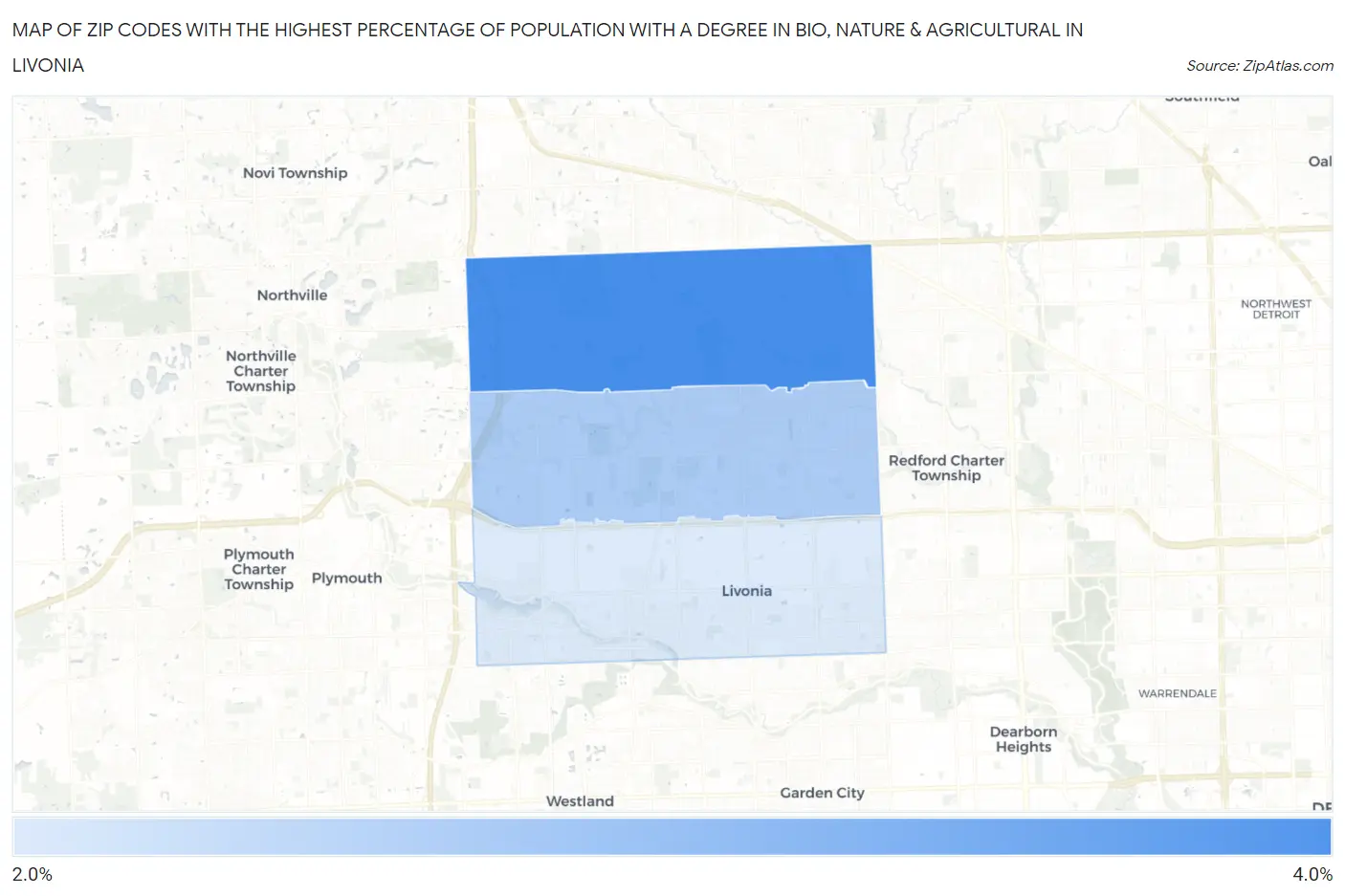 Zip Codes with the Highest Percentage of Population with a Degree in Bio, Nature & Agricultural in Livonia Map