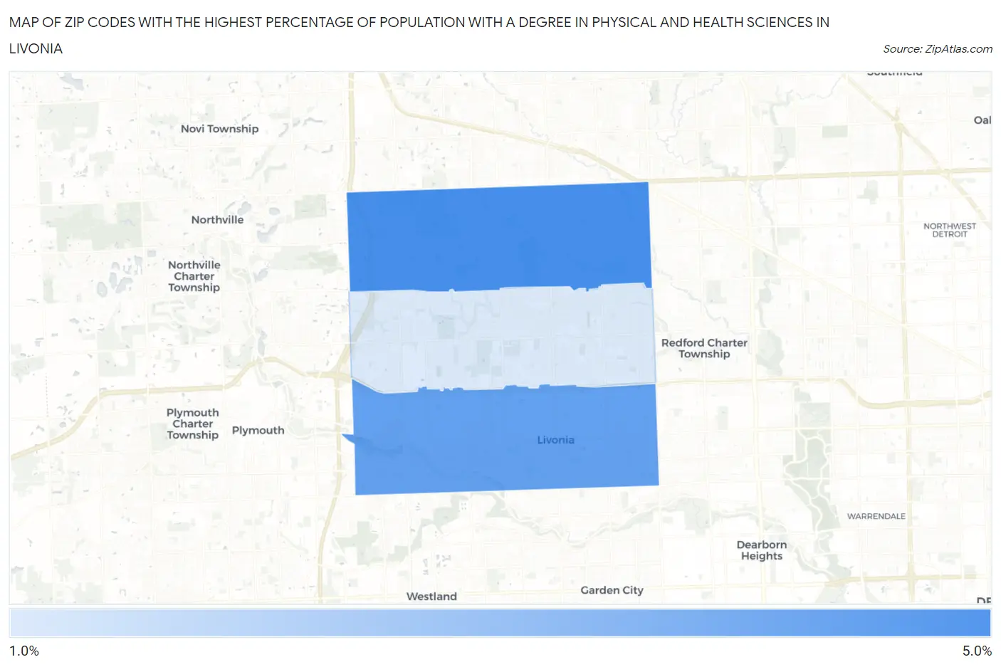 Zip Codes with the Highest Percentage of Population with a Degree in Physical and Health Sciences in Livonia Map