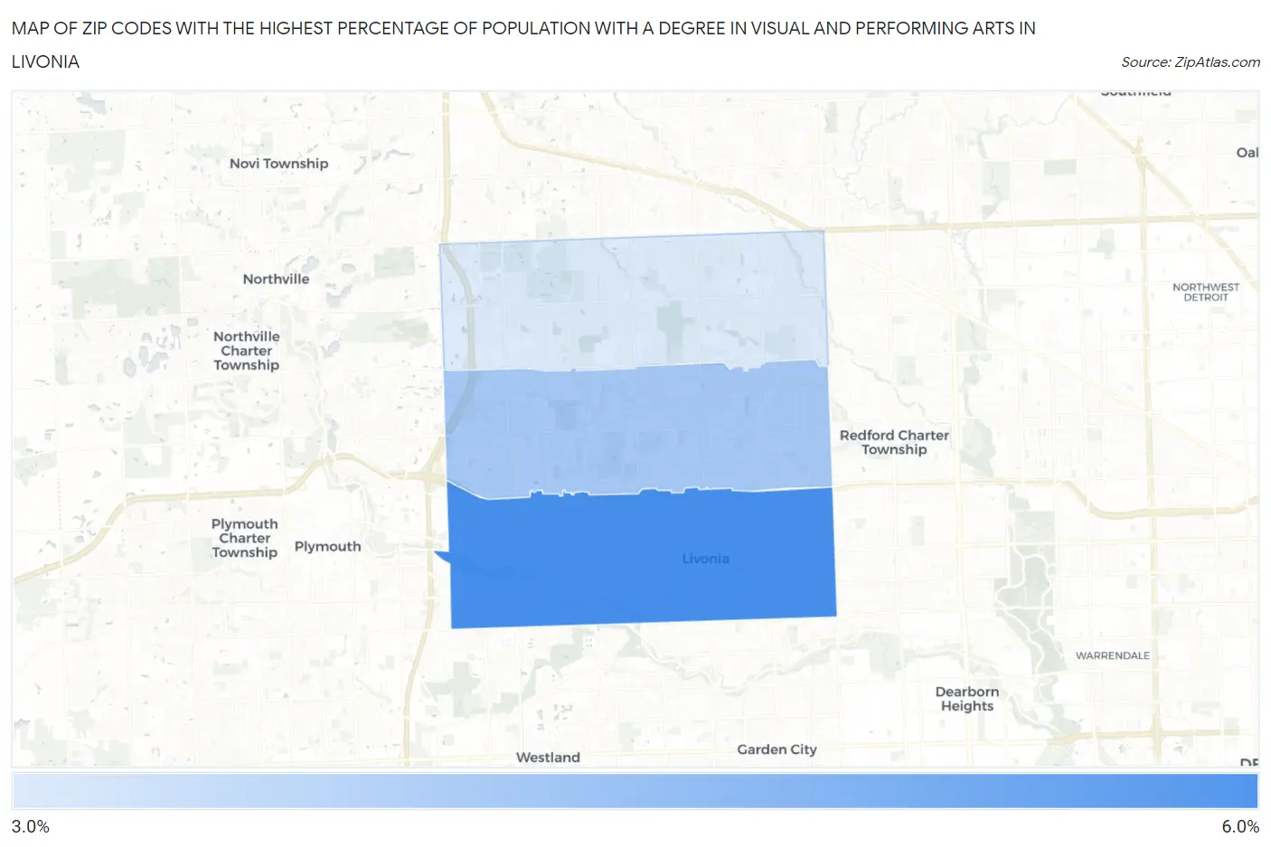 Zip Codes with the Highest Percentage of Population with a Degree in Visual and Performing Arts in Livonia Map