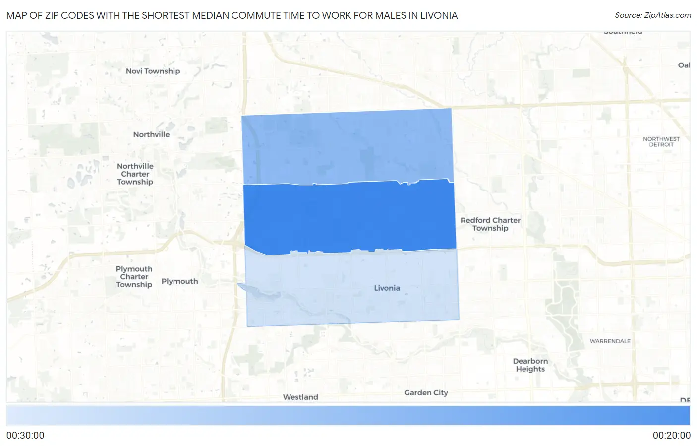 Zip Codes with the Shortest Median Commute Time to Work for Males in Livonia Map