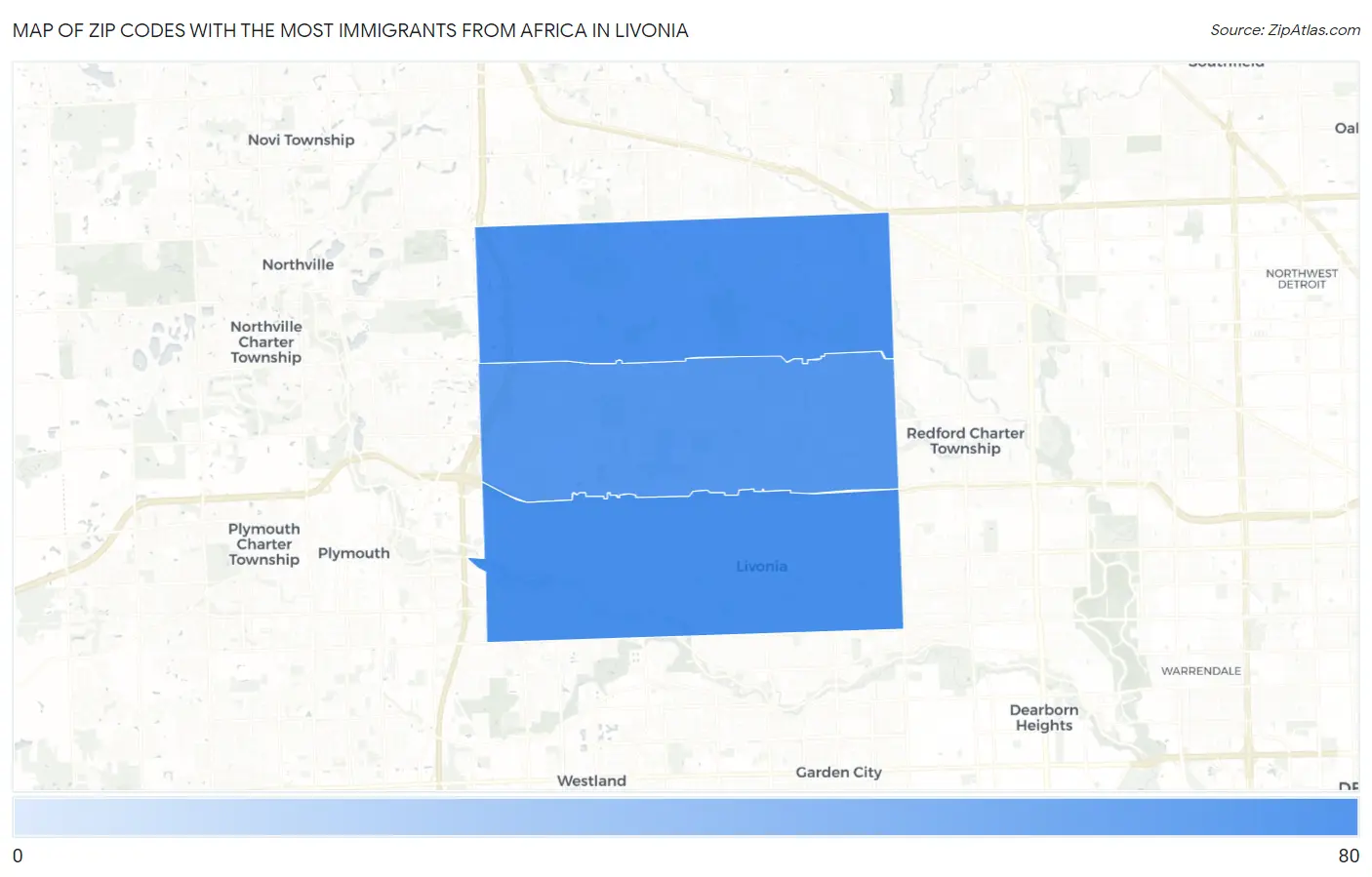 Zip Codes with the Most Immigrants from Africa in Livonia Map