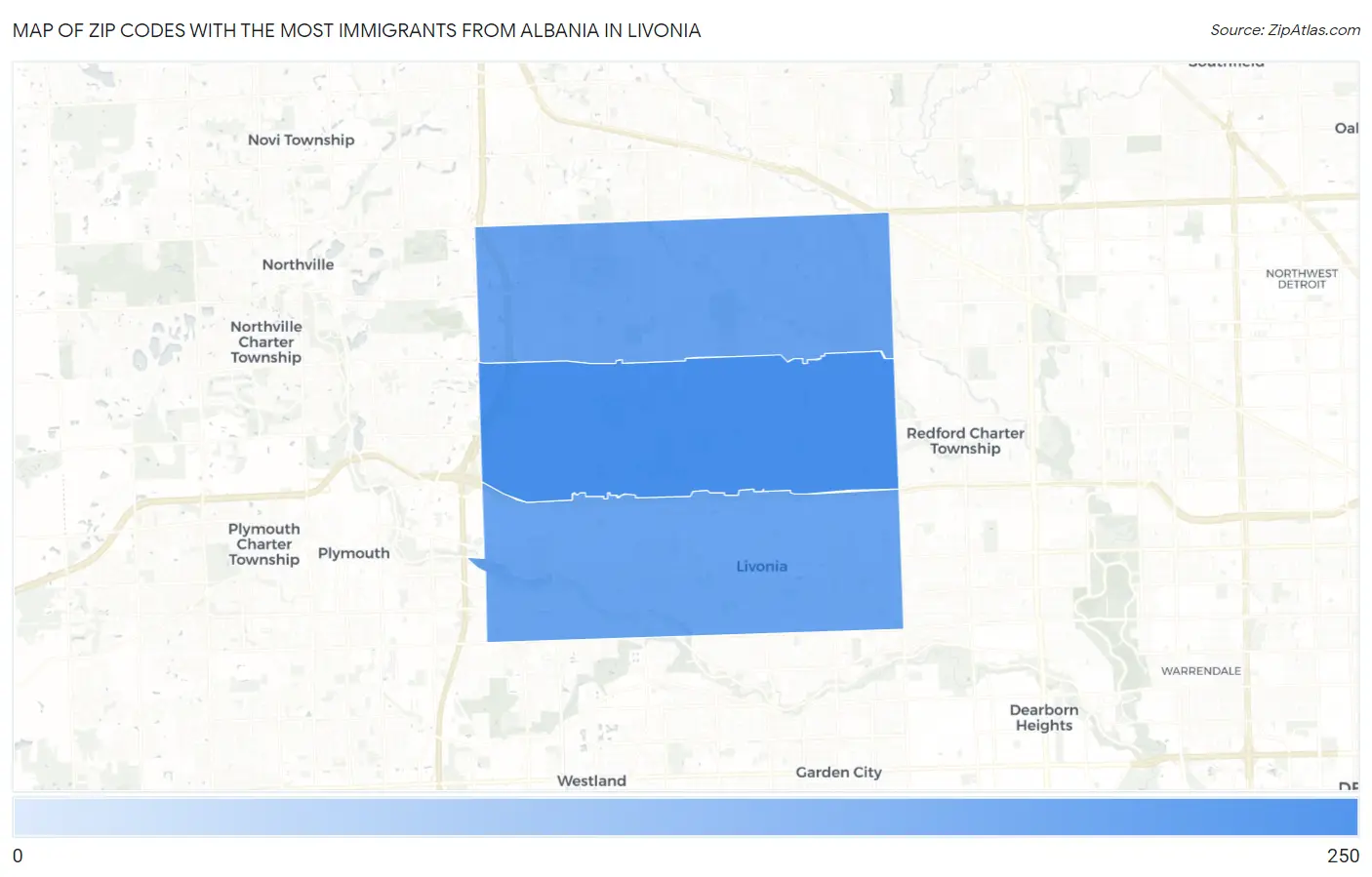 Zip Codes with the Most Immigrants from Albania in Livonia Map