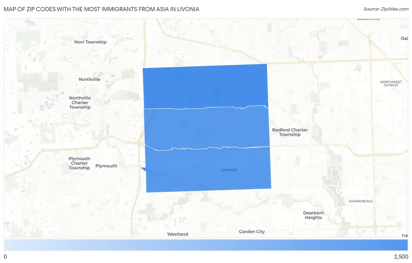 Zip Codes with the Most Immigrants from Asia in Livonia Map