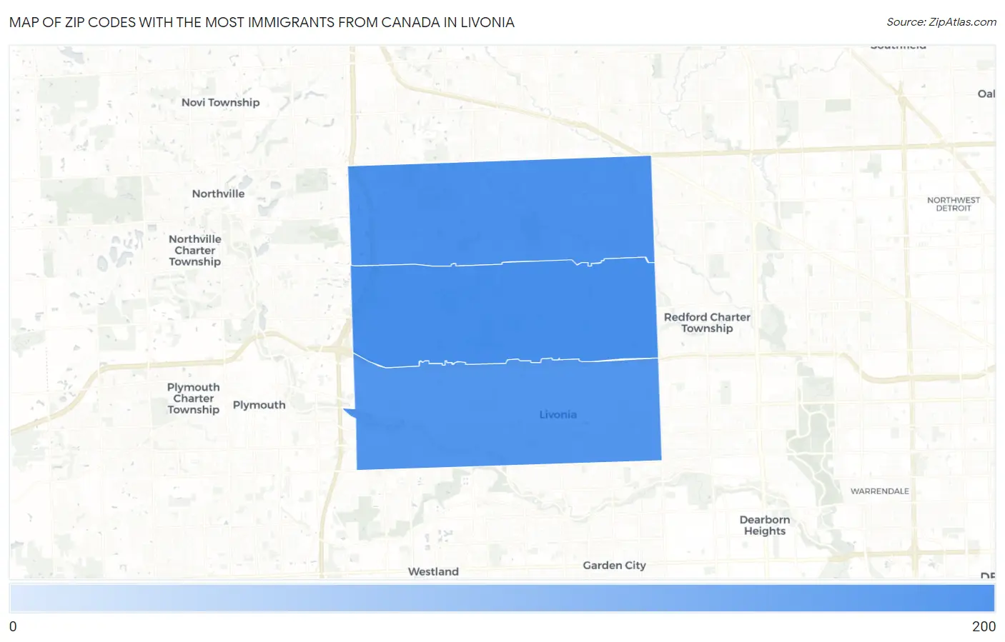 Zip Codes with the Most Immigrants from Canada in Livonia Map
