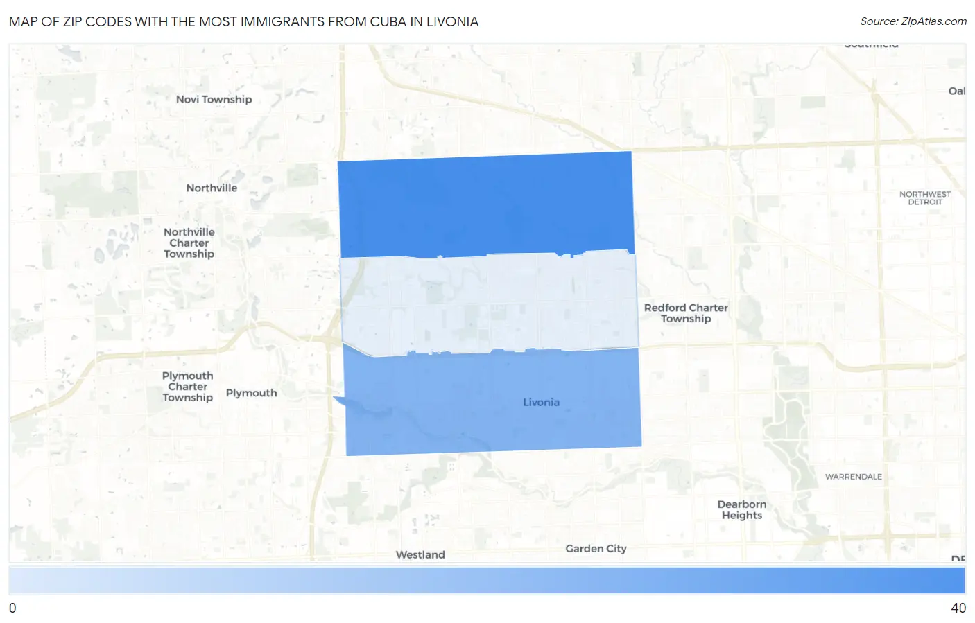 Zip Codes with the Most Immigrants from Cuba in Livonia Map