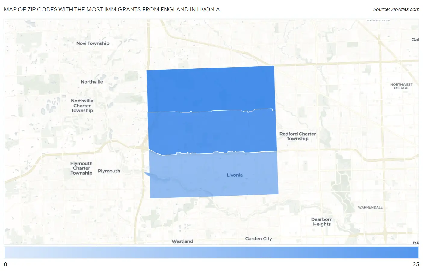 Zip Codes with the Most Immigrants from England in Livonia Map